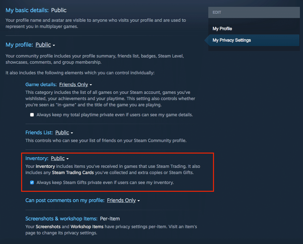steam privacy settings inventory public